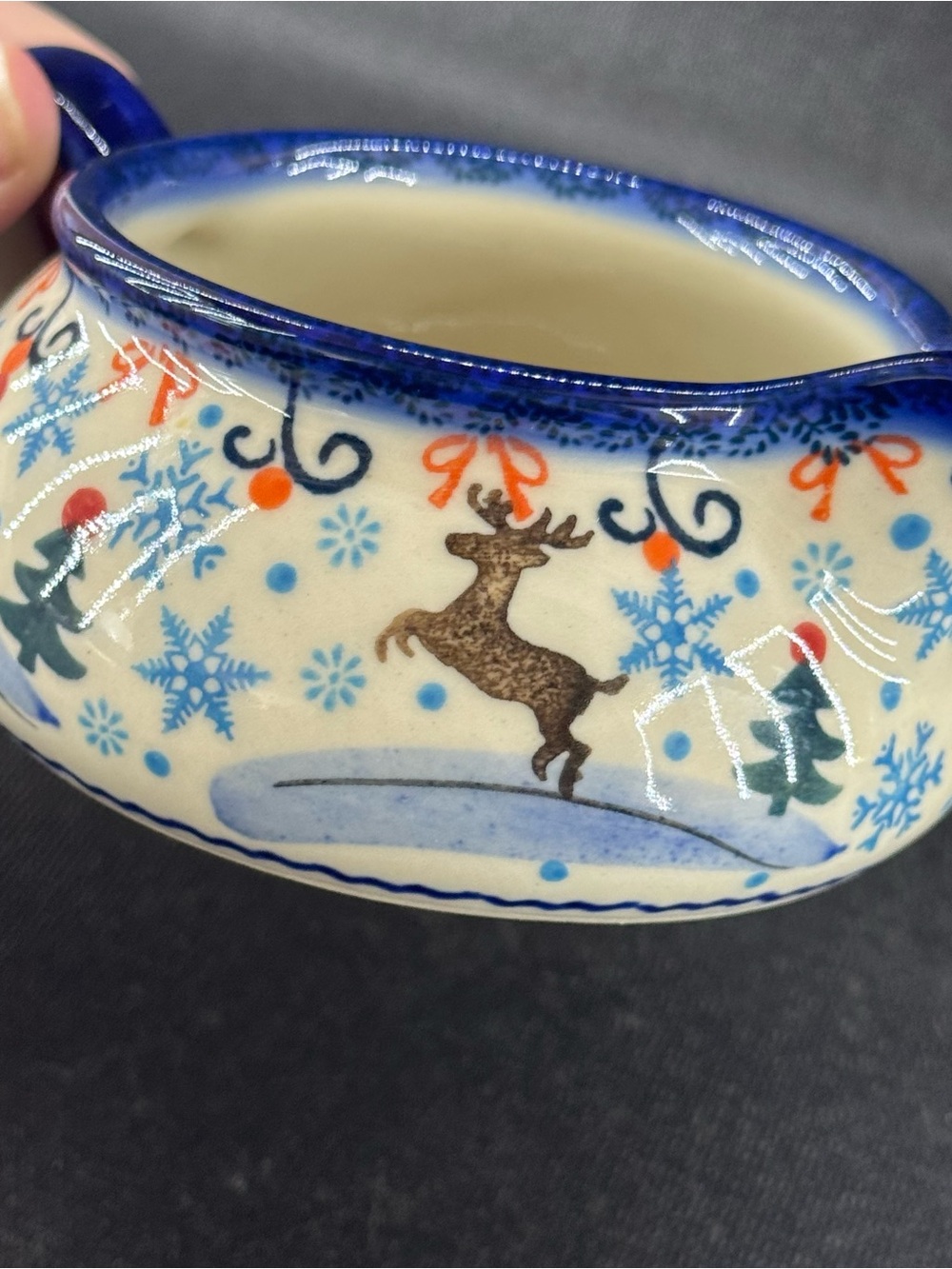Polish Pottery Bowleslawiec Gravy Boat Creamer Winter Snow Christmas Holidays - Picture 3 of 8
